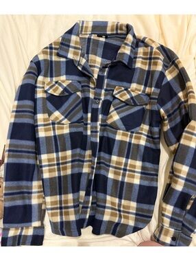 Original Deluxe Men's XL Blue and Beige Plaid Button-Up Shirt Jacket
